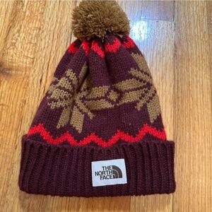 The North Face Fair Isle Pom Beanie in a maroon and brown SZ One size (v)